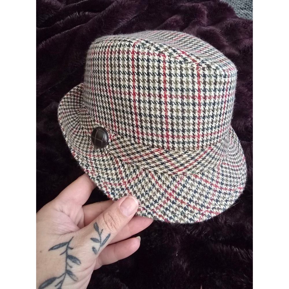 Women's Vintage Multicolor Houndstooth Fedora Hat One Size Brown Pink Navy